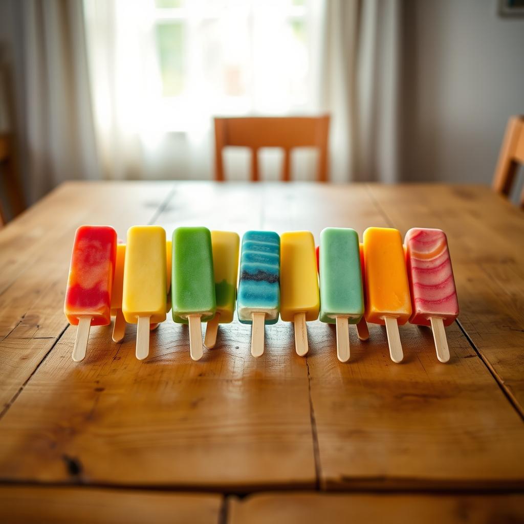 A wooden table featuring a total of ten colorful ice cream sticks arranged neatly