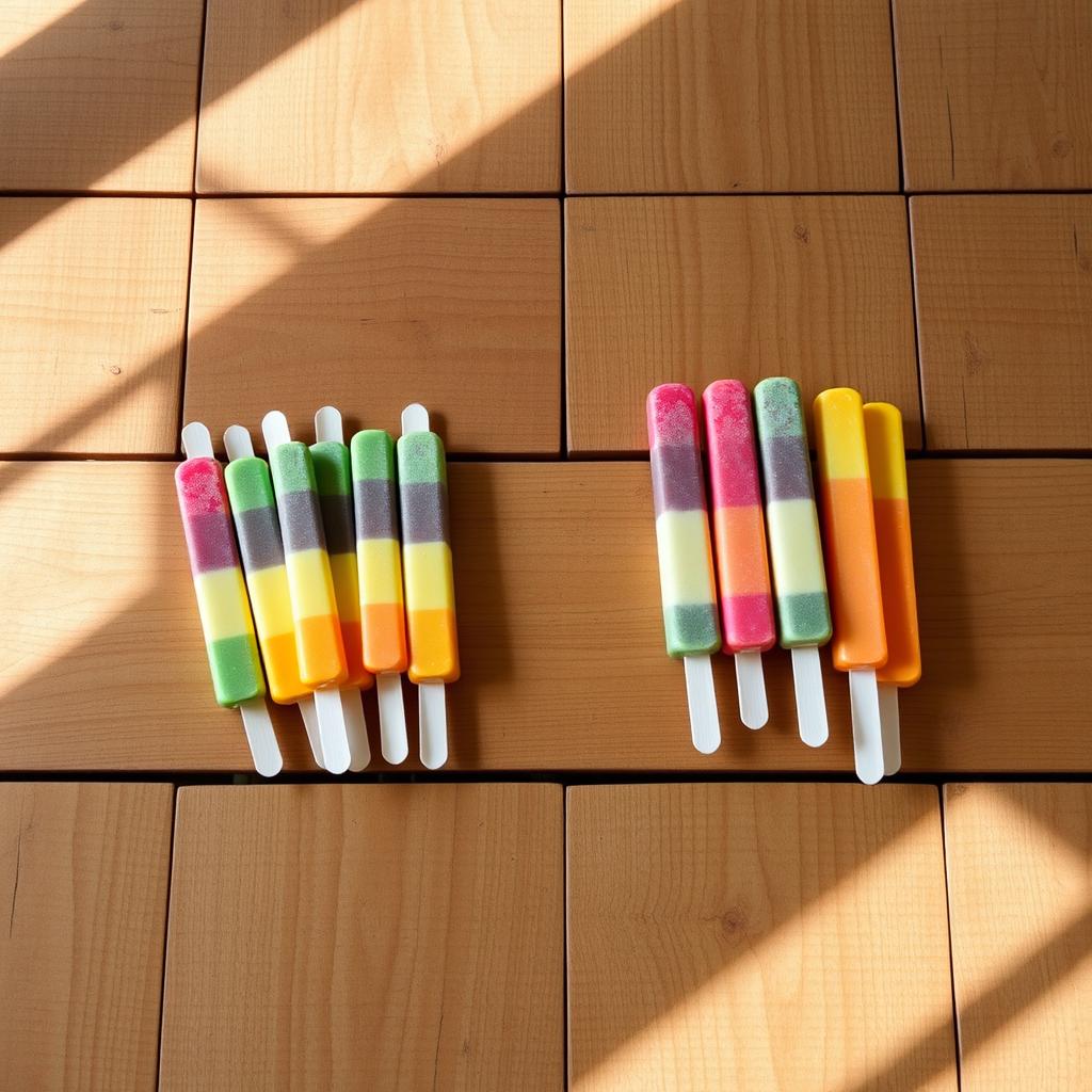 A wooden table with a total of ten colorful ice cream sticks arranged in two distinct groups