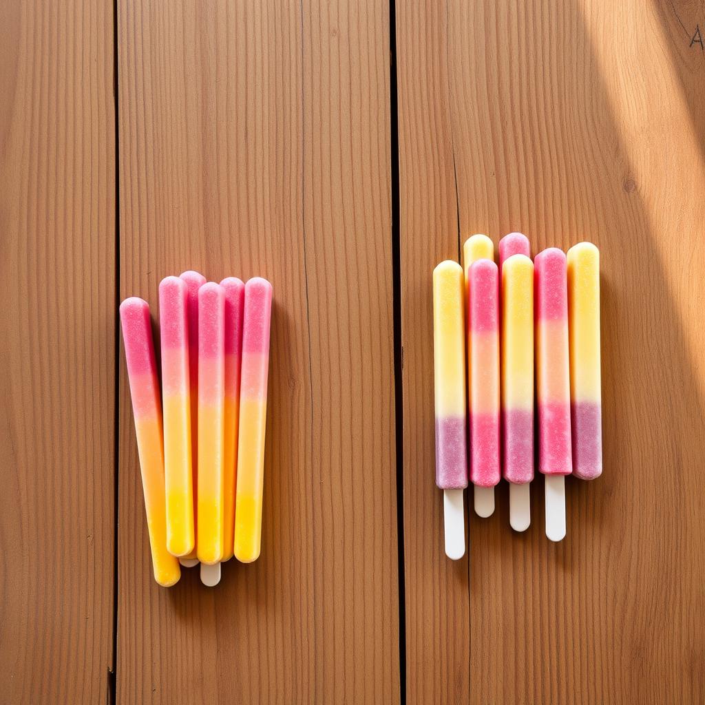 A wooden table with a total of ten colorful ice cream sticks arranged into two distinct groups