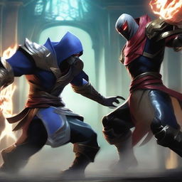 The battle scene intensifies with a ferocious and menacing Zed, who uses his shadow abilities to emit a terrifying aura, confronting the steadfast Master Yi in a League of Legends showdown.