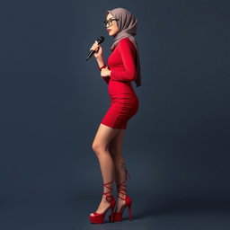 A full body photo of a 40-year-old hijab-wearing singer with white skin, standing poised and crossing her legs
