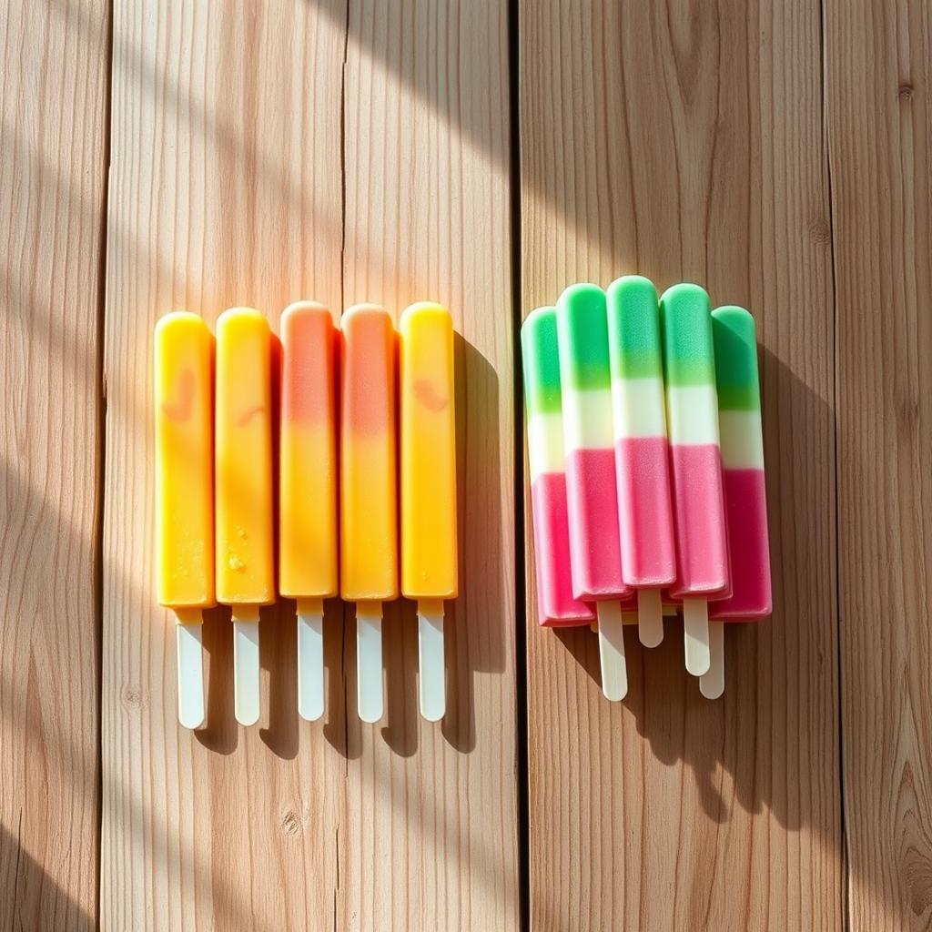 A wooden table featuring exactly ten colorful ice cream sticks