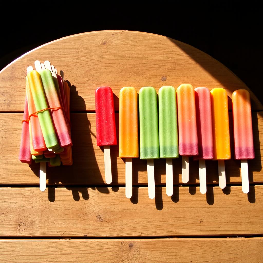 A wooden table displaying a total of fifteen colorful ice cream sticks