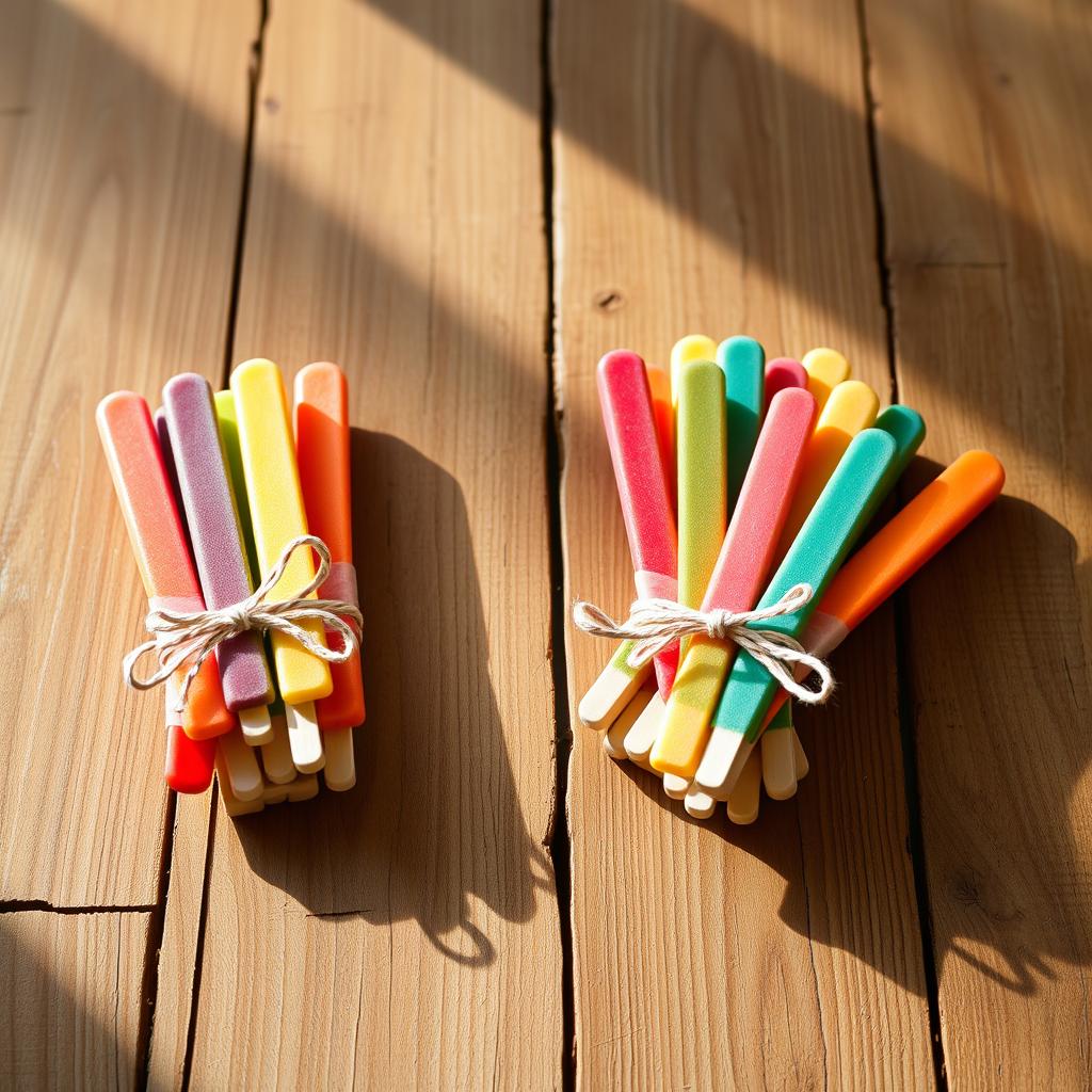 A wooden table displaying ten colorful ice cream sticks, each grouped into two bundles