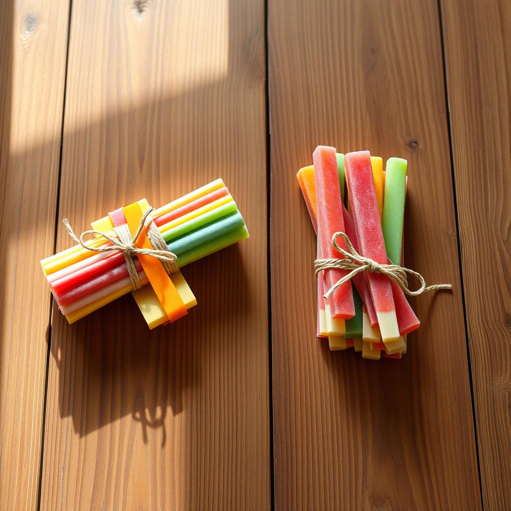 A wooden table displaying two bundles of colorful ice cream sticks, each bundle containing exactly five sticks