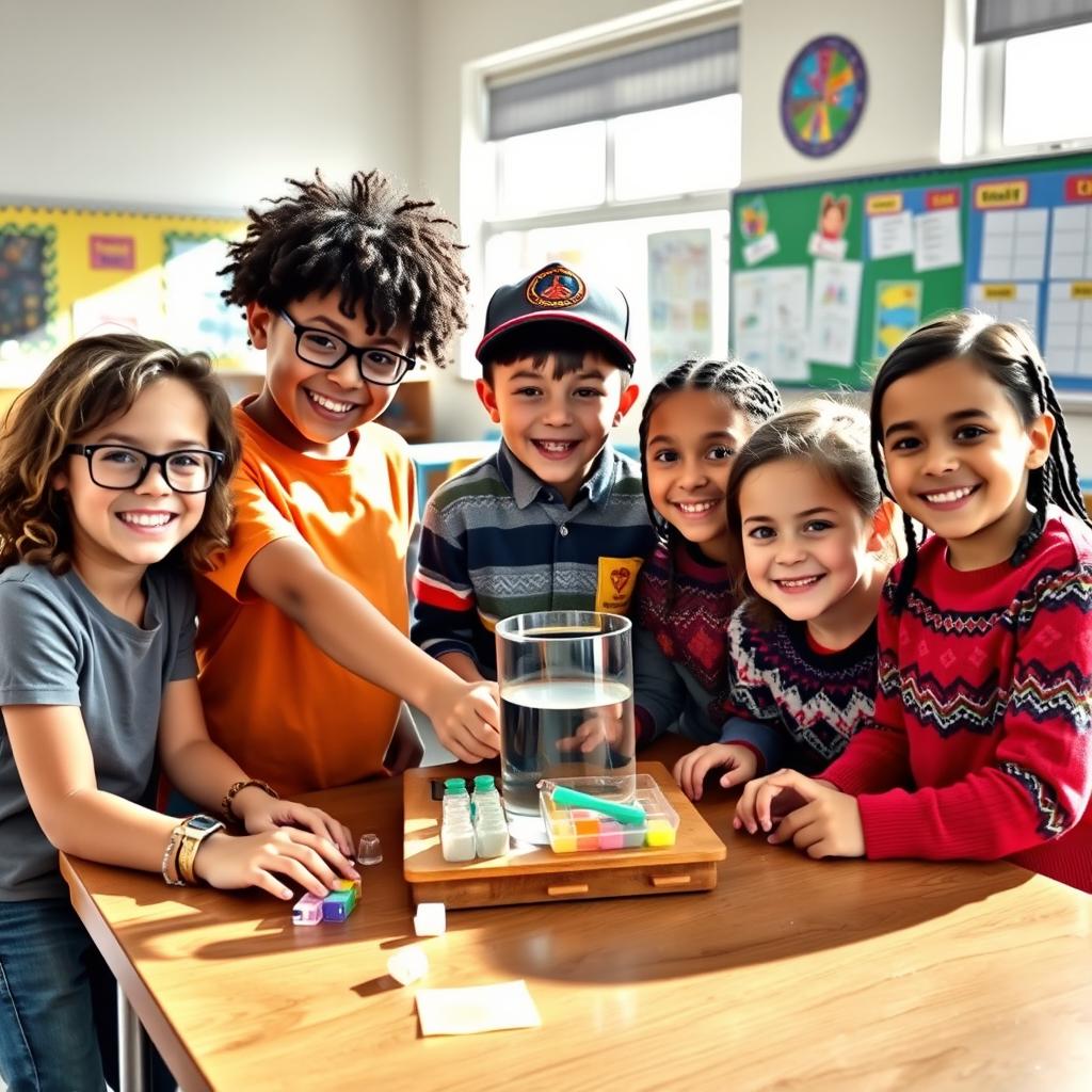 A cheerful classroom scene featuring five bright and enthusiastic elementary school students