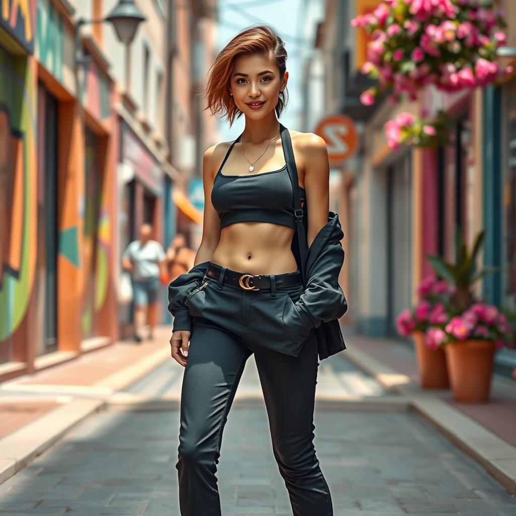 An artistic portrayal of a person standing confidently, showcasing a slender physique while wearing a stylish outfit that reflects modern fashion trends