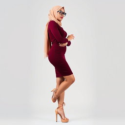 A full body photo of a 40-year-old hijab-wearing singer with white skin, elegantly standing and crossing her legs