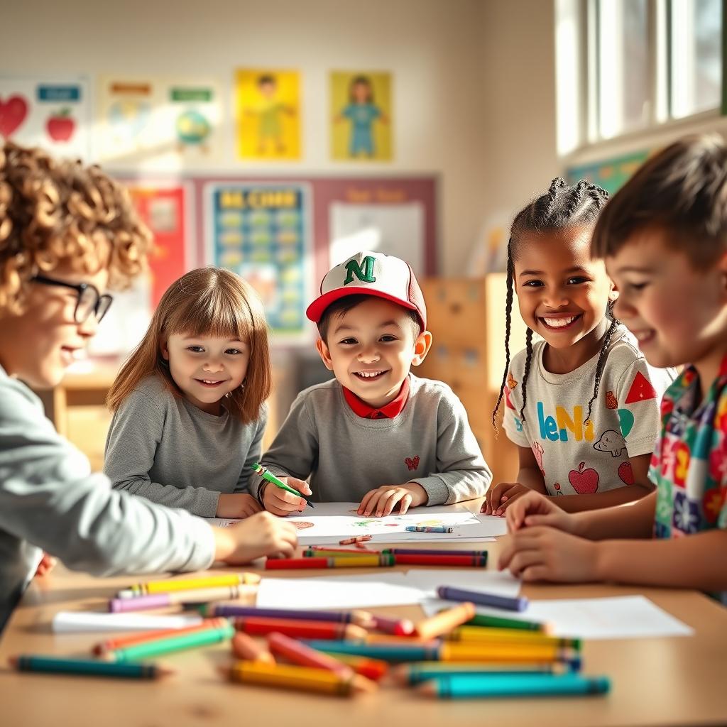 A lively classroom scene featuring five diverse elementary school students engaged in a fun learning activity