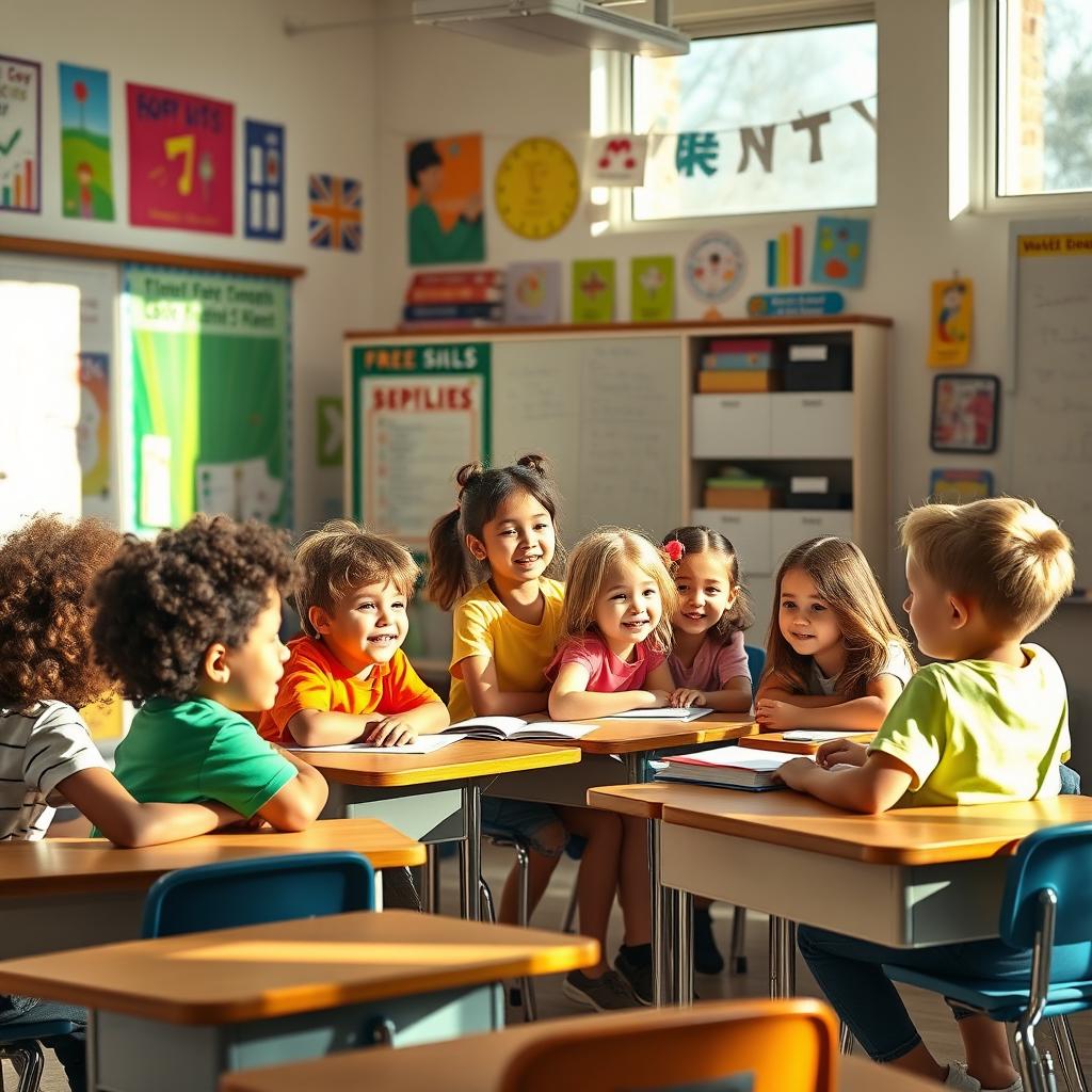 A vibrant and energetic classroom scene featuring ten diverse elementary school students actively participating in a group discussion