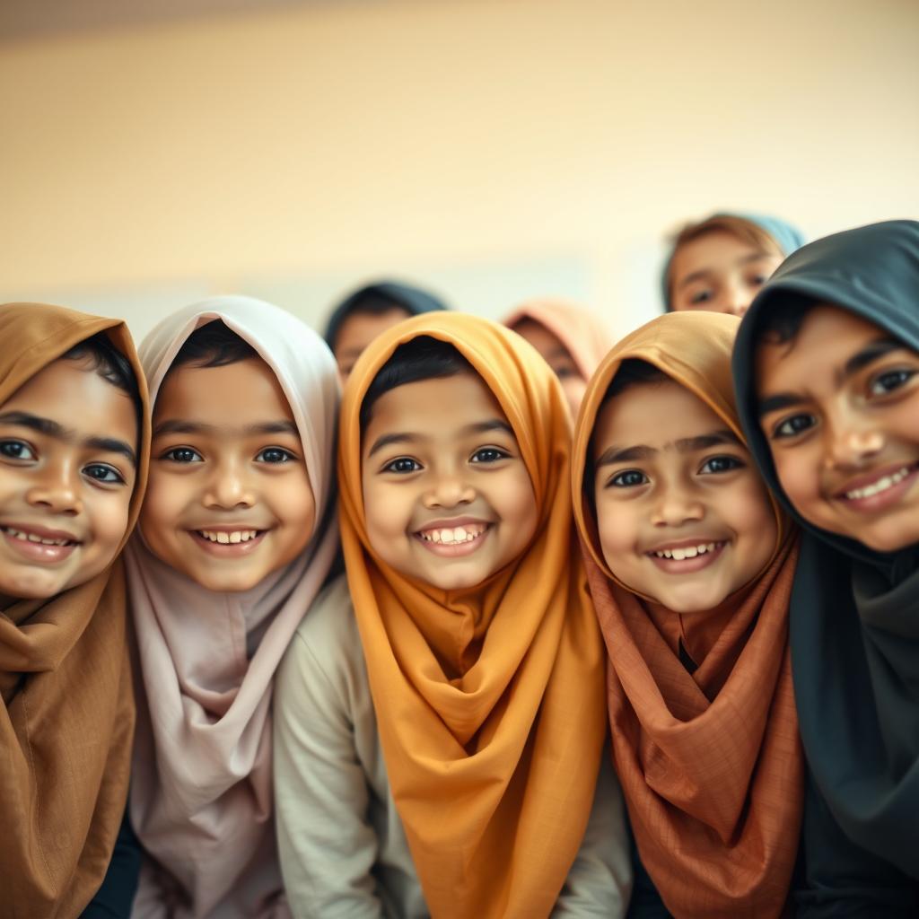 A close-up and clear image of ten diverse elementary school students, both boys and girls, wearing Islamic hijabs and traditional attire