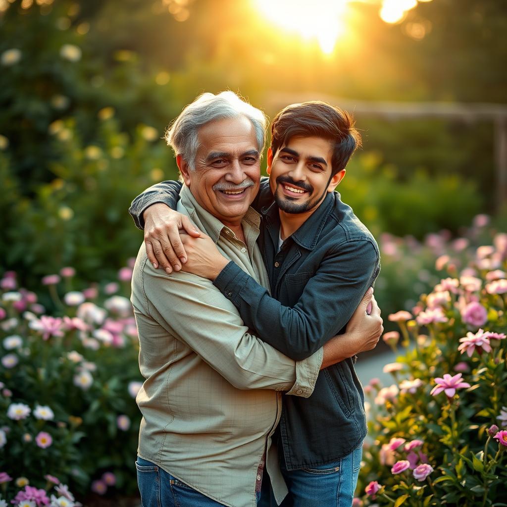 A heartfelt scene of a father and son sharing a warm embrace outdoors