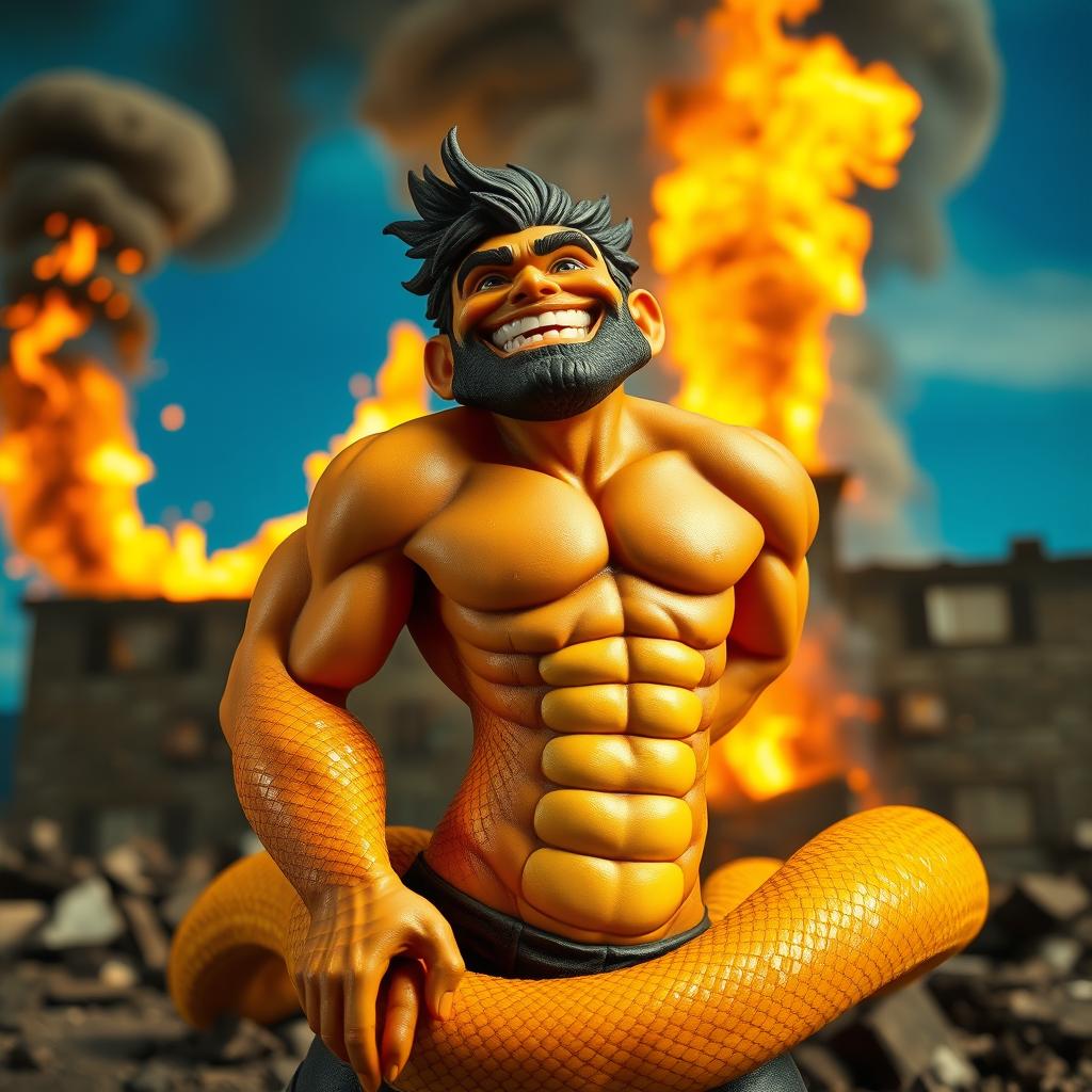 A unique and striking figure of a half man, half snake character, with a muscular upper body and vibrant snake scales extending down to the lower half, joyfully laughing in front of a dramatic scene