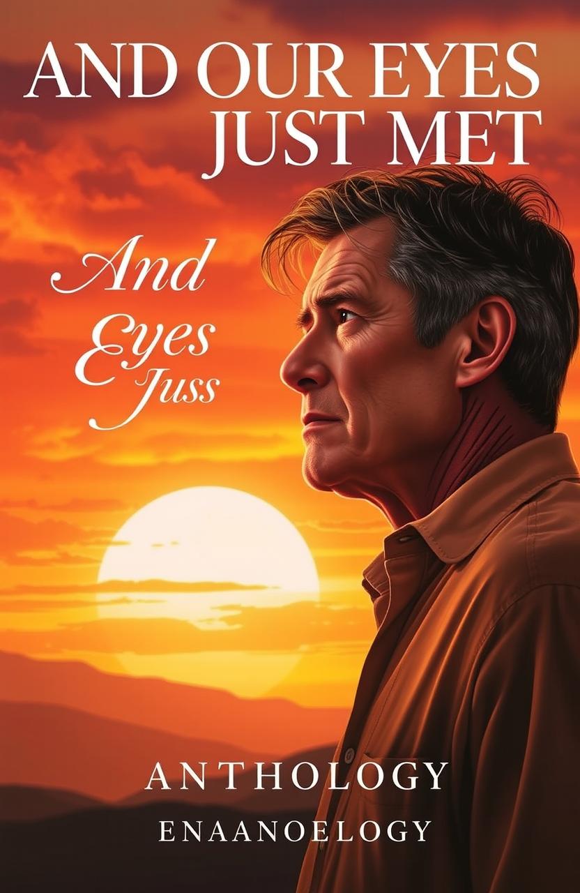 The cover for an anthology titled 'And Our Eyes Just Met', featuring a middle-aged man with a contemplative expression, gazing into the fiery, burning sun