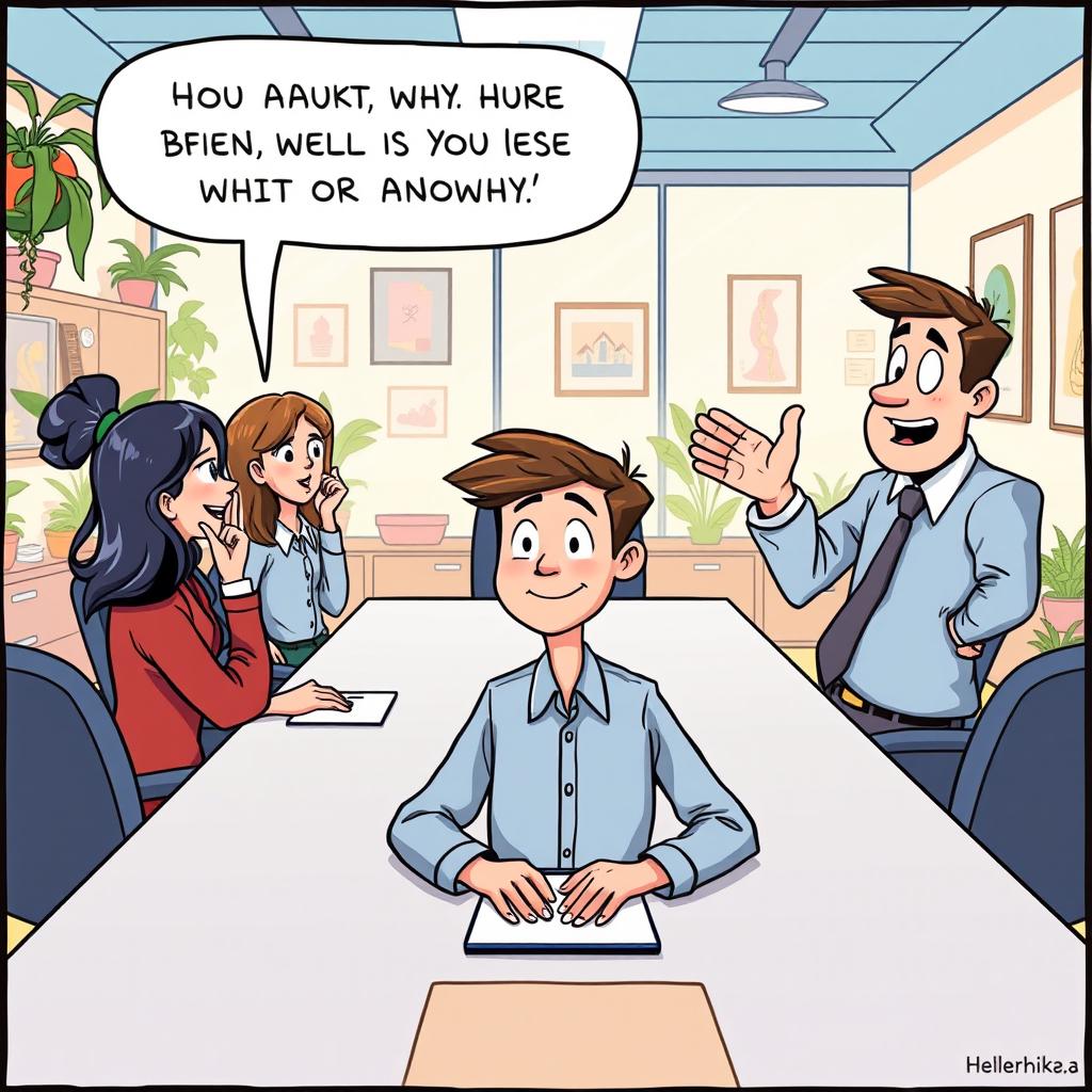 A whimsical cartoon depicting a humorous office scene where a quiet and seemingly deep-thinking young man is sitting at a conference table surrounded by intrigued colleagues and a surprised boss