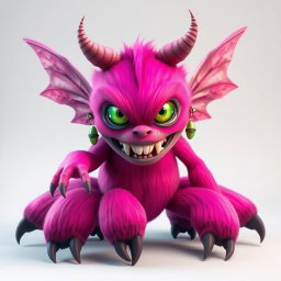 A female monster with smooth, straight fur in vibrant shades of pink and purple, showcasing striking green and yellow eyes