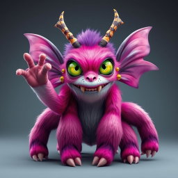 A female monster with smooth, straight fur in vibrant shades of pink and purple, showcasing striking green and yellow eyes