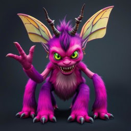 A female monster with smooth, straight fur in vibrant shades of pink and purple, showcasing striking green and yellow eyes