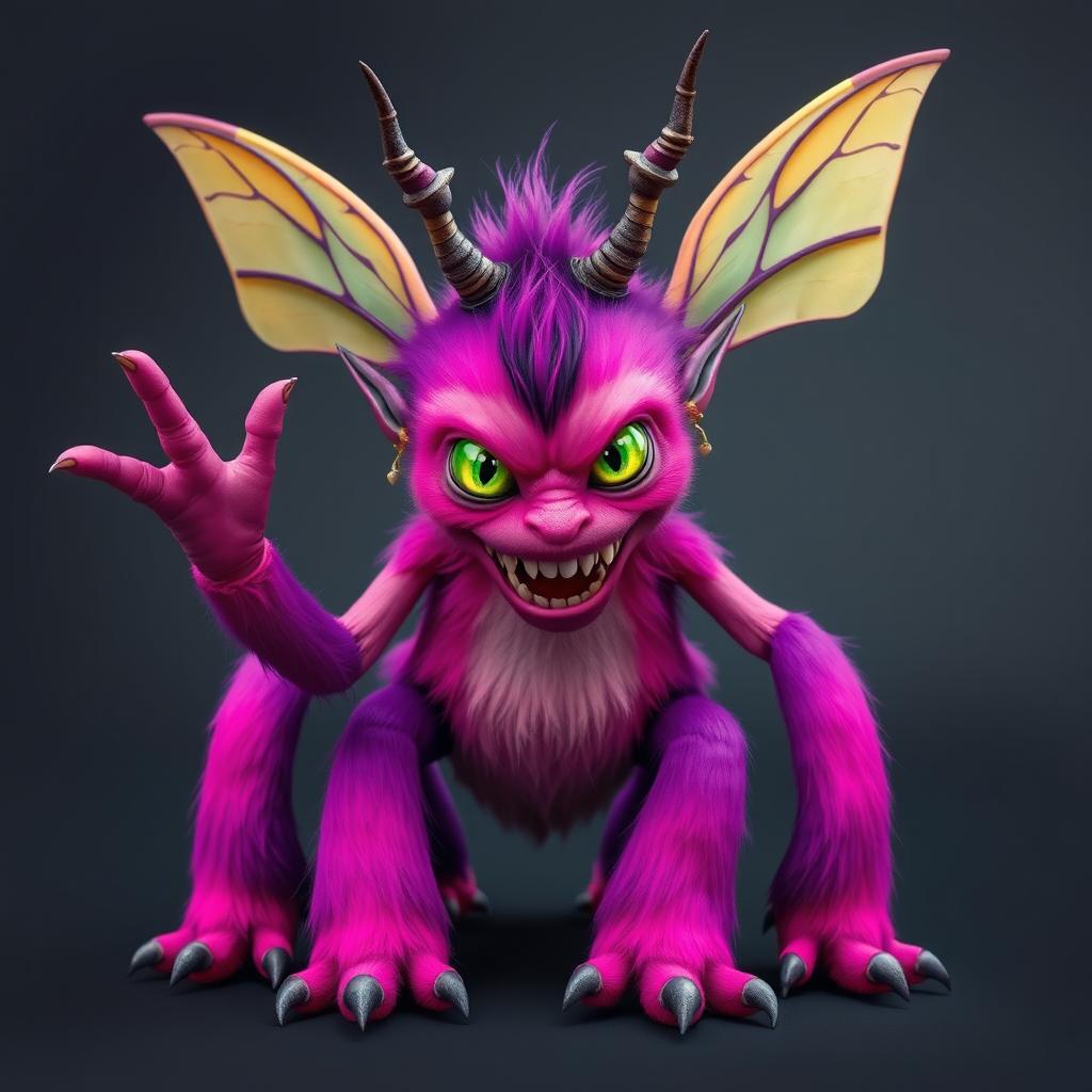 A female monster with smooth, straight fur in vibrant shades of pink and purple, showcasing striking green and yellow eyes