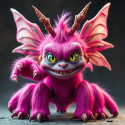 A female monster with smooth, straight fur in vibrant shades of pink and purple, showcasing striking green and yellow eyes