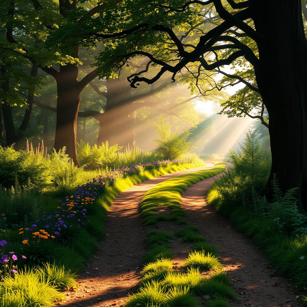 A serene forest path diverging into two equally enchanting trails, bathed in soft morning light