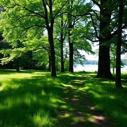 A serene landscape scene depicting a lush, grassy path through a tranquil wooded area, with tall trees lining the sides, dappled sunlight filtering through the leaves, casting gentle shadows on the ground