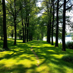 A serene landscape scene depicting a lush, grassy path through a tranquil wooded area, with tall trees lining the sides, dappled sunlight filtering through the leaves, casting gentle shadows on the ground