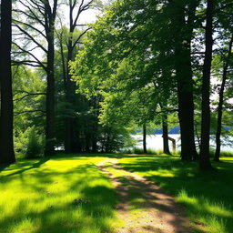A serene landscape scene depicting a lush, grassy path through a tranquil wooded area, with tall trees lining the sides, dappled sunlight filtering through the leaves, casting gentle shadows on the ground