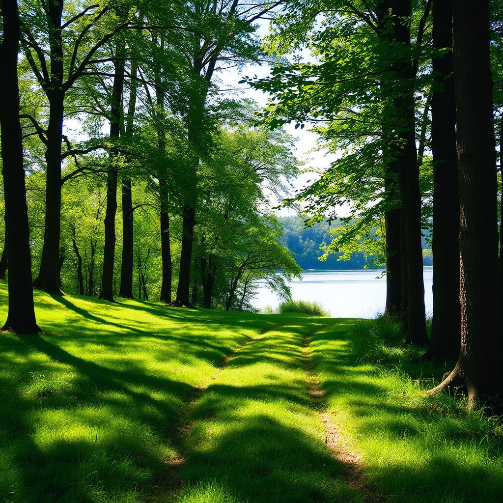 A serene landscape scene depicting a lush, grassy path through a tranquil wooded area, with tall trees lining the sides, dappled sunlight filtering through the leaves, casting gentle shadows on the ground