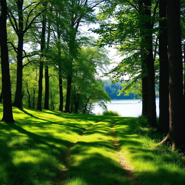A serene landscape scene depicting a lush, grassy path through a tranquil wooded area, with tall trees lining the sides, dappled sunlight filtering through the leaves, casting gentle shadows on the ground