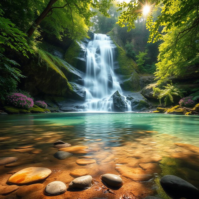 A serene landscape featuring a majestic waterfall cascading down moss-covered rocks into a crystal-clear pool