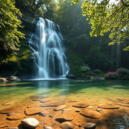 A serene landscape featuring a majestic waterfall cascading down moss-covered rocks into a crystal-clear pool