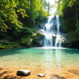 A serene landscape featuring a majestic waterfall cascading down moss-covered rocks into a crystal-clear pool