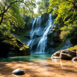 A serene landscape featuring a majestic waterfall cascading down moss-covered rocks into a crystal-clear pool