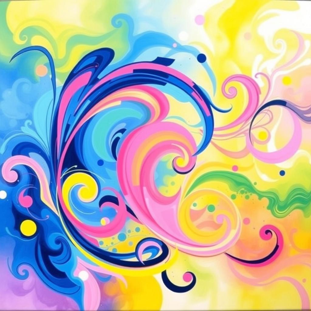 A vibrant and colorful abstract painting featuring swirling patterns and bright hues of blue, pink, yellow, and green, reminiscent of a joyful celebration