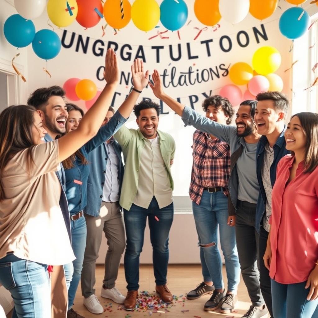 A motivational scene showing a diverse group of friends celebrating together in a bright and cheerful environment