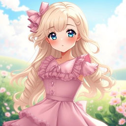A beautiful blonde anime girl wearing a flowing pink dress that accentuates her figure, adorned with delicate frills and lace details