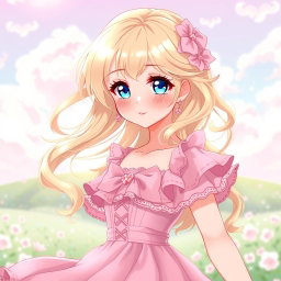 A beautiful blonde anime girl wearing a flowing pink dress that accentuates her figure, adorned with delicate frills and lace details