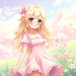 A beautiful blonde anime girl wearing a flowing pink dress that accentuates her figure, adorned with delicate frills and lace details