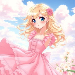 A beautiful blonde anime girl wearing a flowing pink dress that accentuates her figure, adorned with delicate frills and lace details
