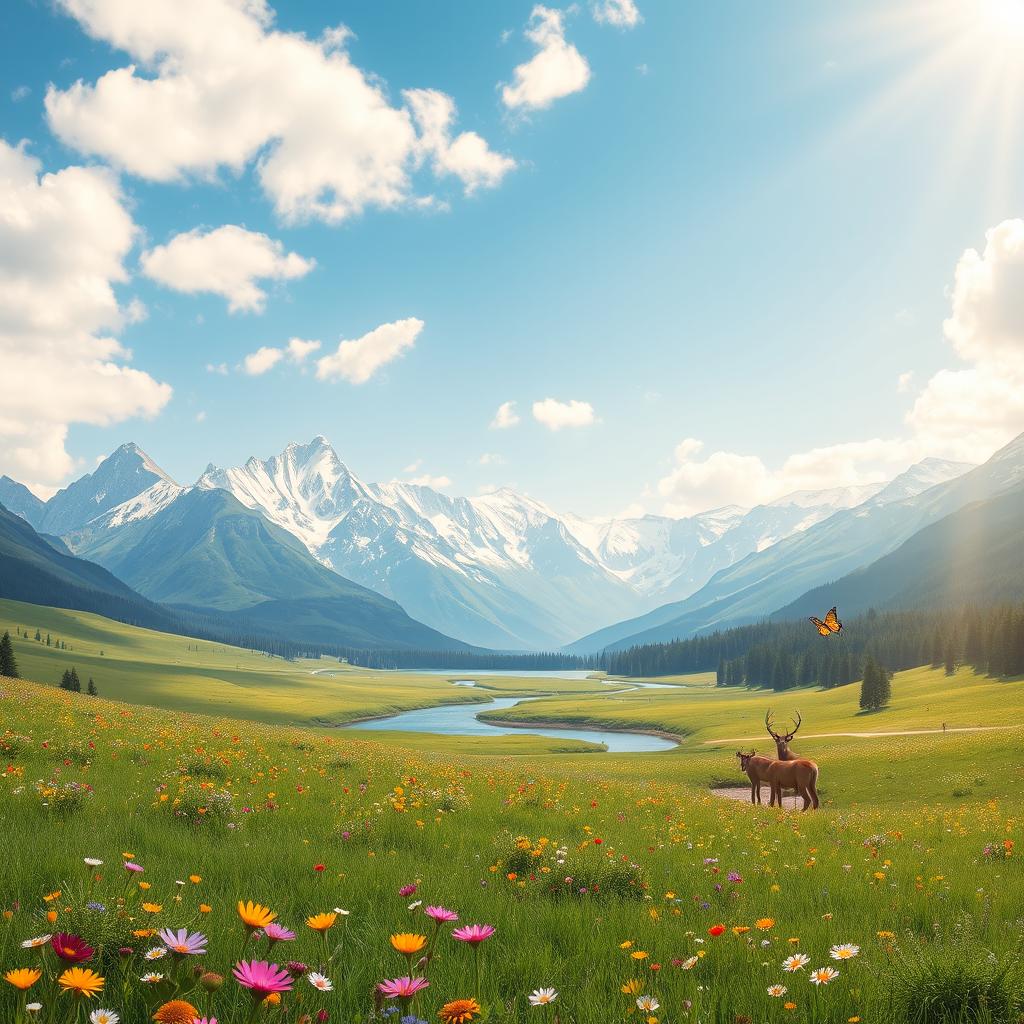 A beautiful and serene landscape, showcasing a lush green meadow with vibrant wildflowers, stretching under a clear blue sky sprinkled with gentle white clouds