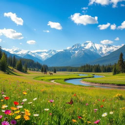 A beautiful and serene landscape, showcasing a lush green meadow with vibrant wildflowers, stretching under a clear blue sky sprinkled with gentle white clouds
