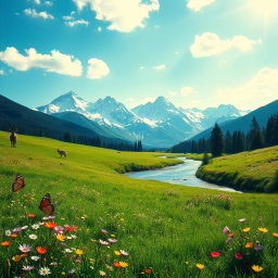A beautiful and serene landscape, showcasing a lush green meadow with vibrant wildflowers, stretching under a clear blue sky sprinkled with gentle white clouds