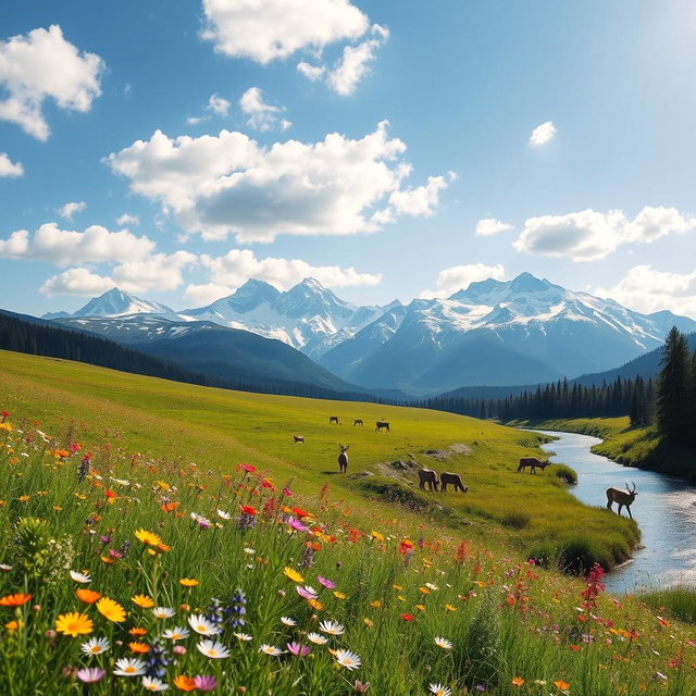 A beautiful and serene landscape, showcasing a lush green meadow with vibrant wildflowers, stretching under a clear blue sky sprinkled with gentle white clouds