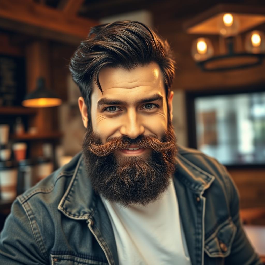 A ruggedly handsome man with a full, well-groomed beard, exuding confidence and charisma