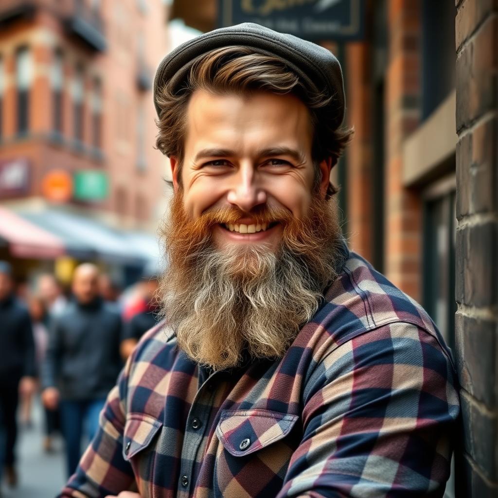 A charismatic man with a thick, well-kept beard, showcasing a confident demeanor