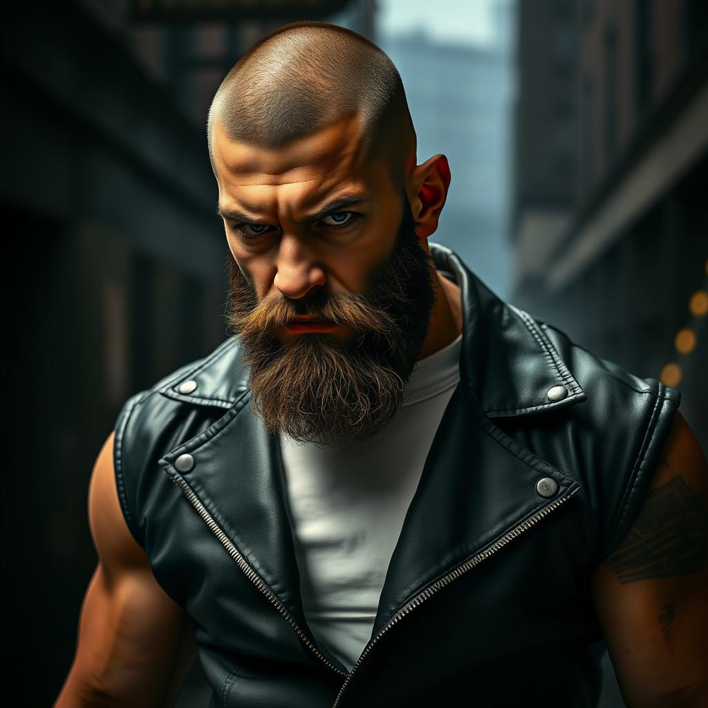 A powerful-looking alpha male with a thick beard and short, cropped hair, exuding a strong and intense presence