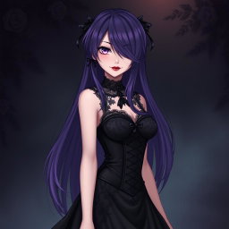 A striking gothic anime girl with long, flowing purple hair that cascades down her back, dressed in an elegant, beautiful black dress that features intricate lace and corset detailing