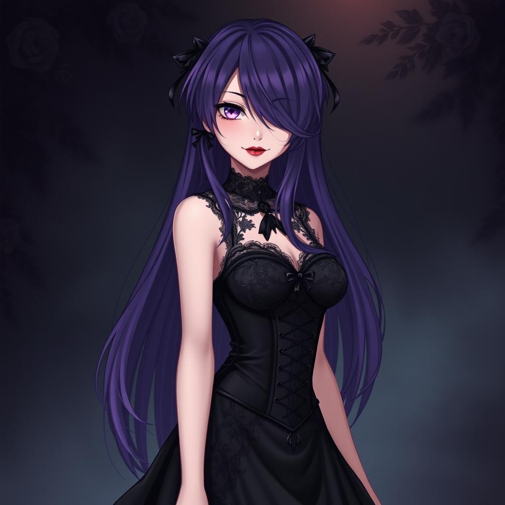 A striking gothic anime girl with long, flowing purple hair that cascades down her back, dressed in an elegant, beautiful black dress that features intricate lace and corset detailing