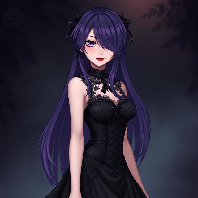 A striking gothic anime girl with long, flowing purple hair that cascades down her back, dressed in an elegant, beautiful black dress that features intricate lace and corset detailing